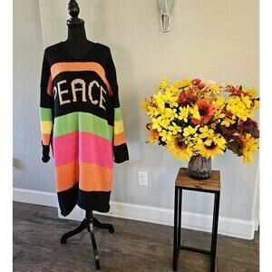 "PEACE" Color Block V-Neck Long Sleeve Sweater Dress L/XL Oversized VGUC READ